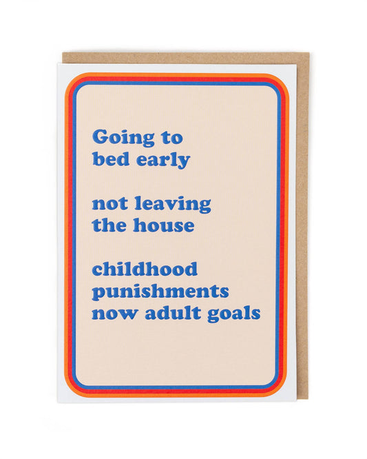 Card with humorous text about bedtime routines and goals, framed by a colorful border.
