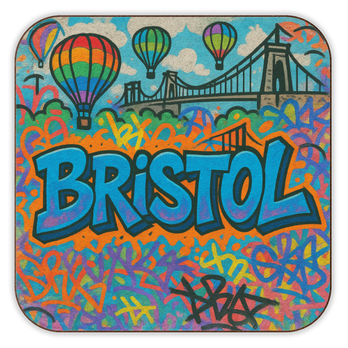 Colorful coaster with 'Bristol' text, hot air balloons, and a bridge design.