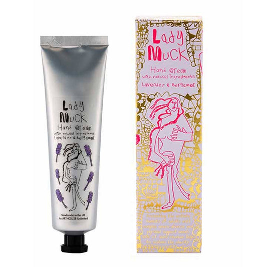 Hand cream tube and packaging with 'Lady Muck' branding on a white background