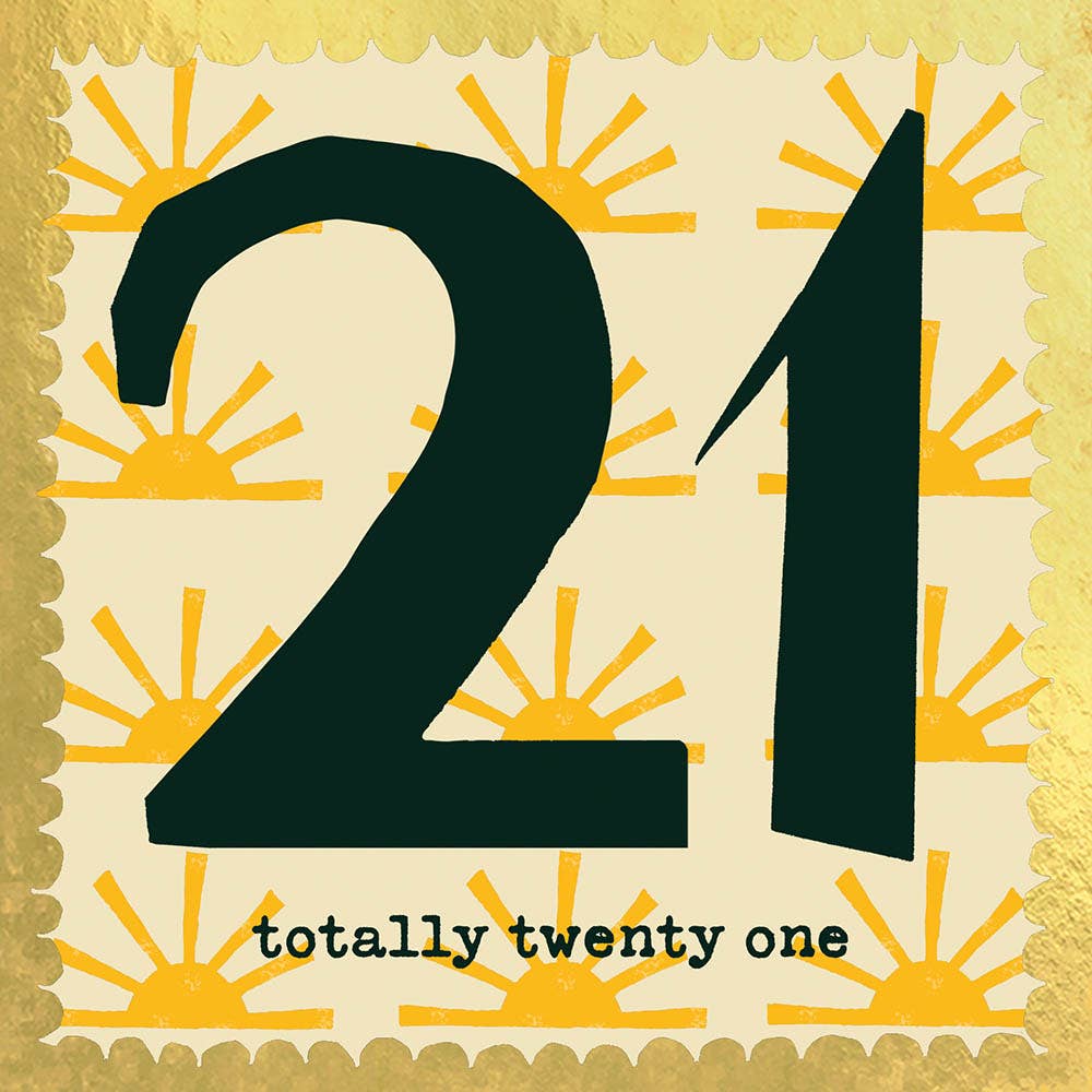 Number 21 in black on a beige background with yellow sunburst patterns and 'totally twenty one' text.