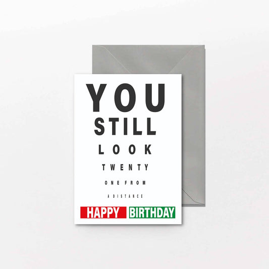 Birthday card with humorous text on a white background