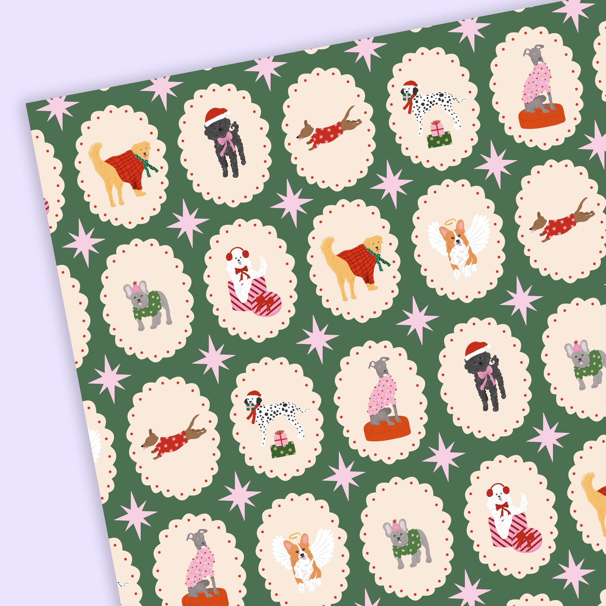Patterned paper with cartoon dogs on a green background