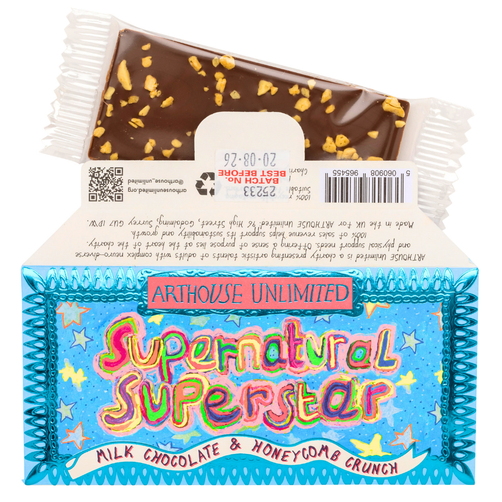 Chocolate bar packaging with 'Supernatural Superstar' text and Arthouse Unlimited branding.