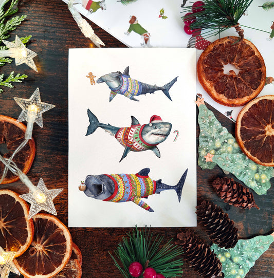 Sharks In Jumpers Christmas card | Aquarium Sea Life Cards