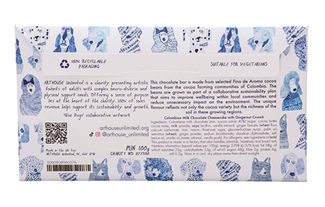 Chocolate bar packaging with blue bear illustrations and text