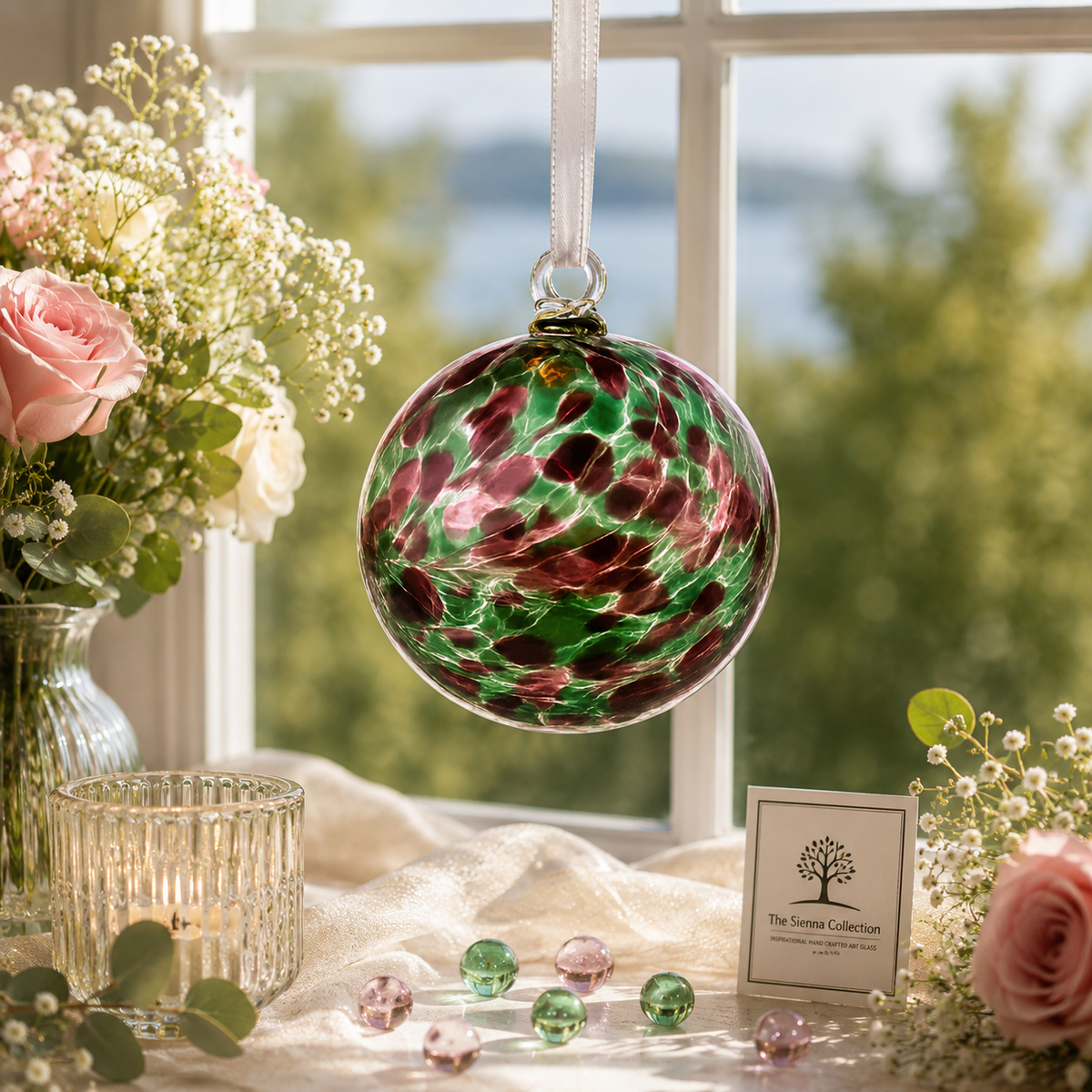Decorative glass ball ornament with floral arrangement and window in the background
