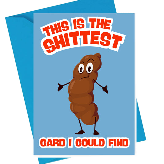 Card with cartoon poop character and humorous text on a blue background