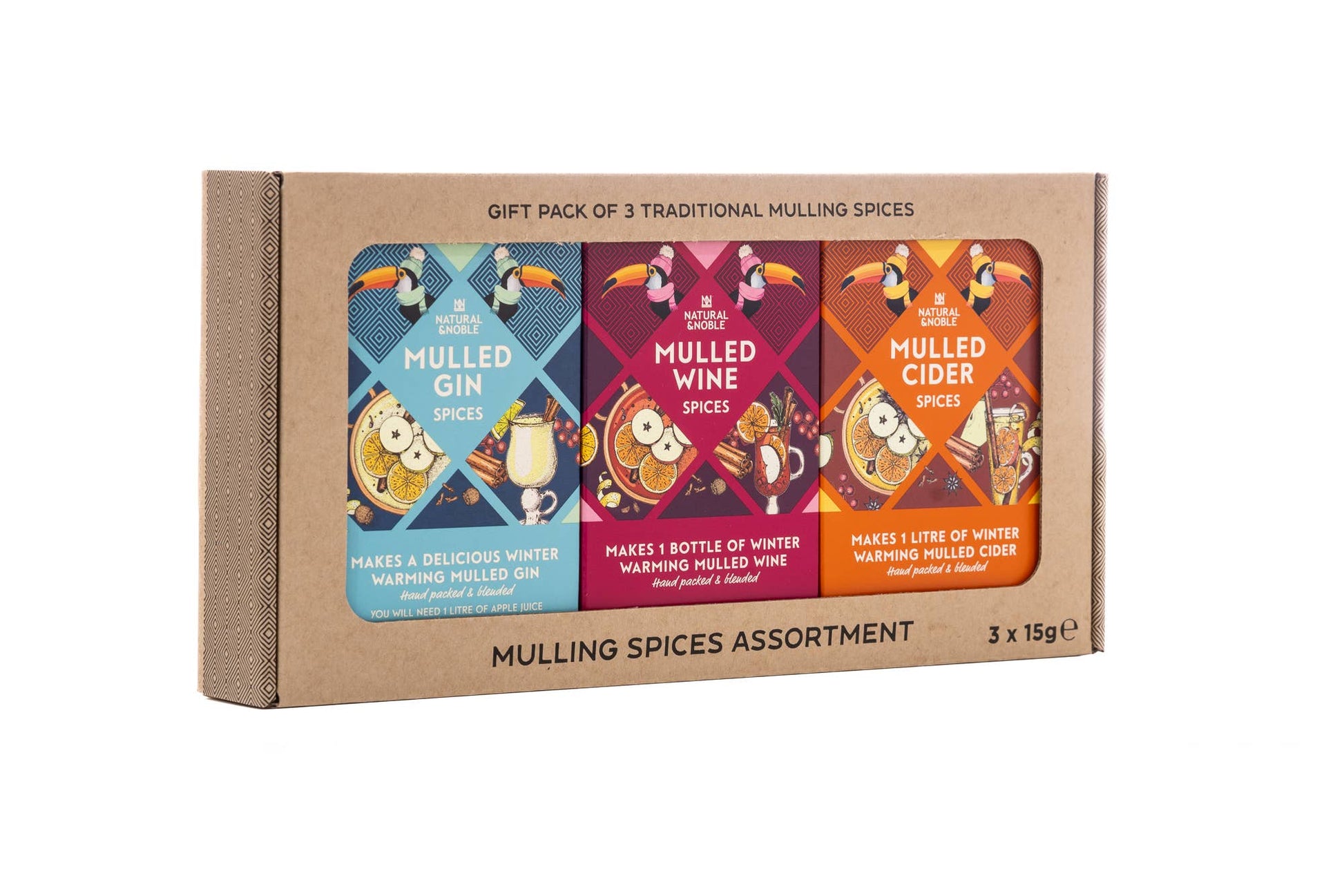 Pack of 3 traditional mulling spices with colorful labels on a cardboard box.