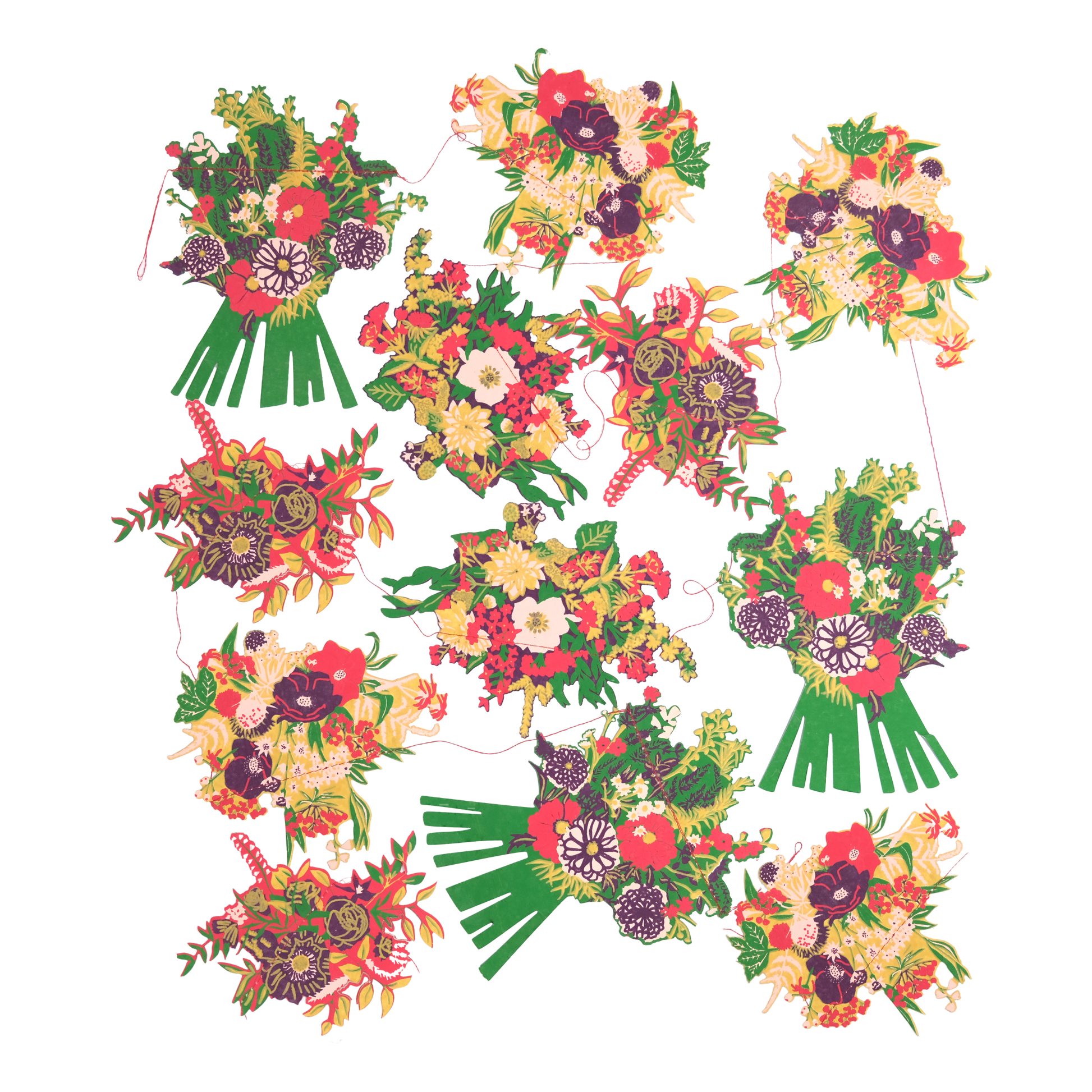 Colorful floral bouquets arranged in a circular pattern on a white background