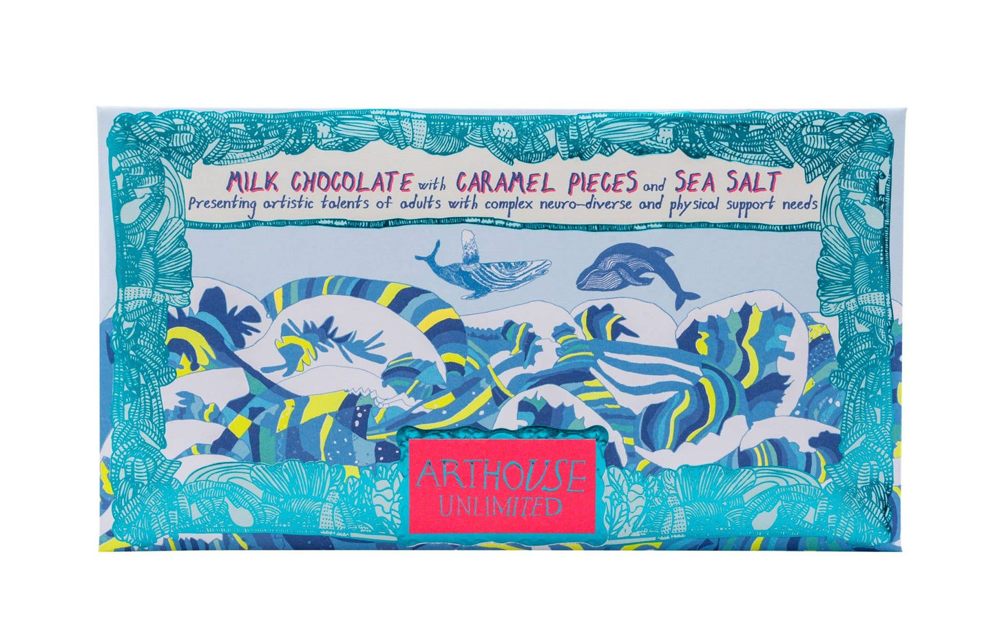 Chocolate bar packaging with whale design and text on a white background