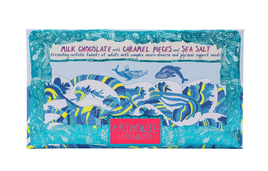 Chocolate bar packaging with whale design and text on a white background
