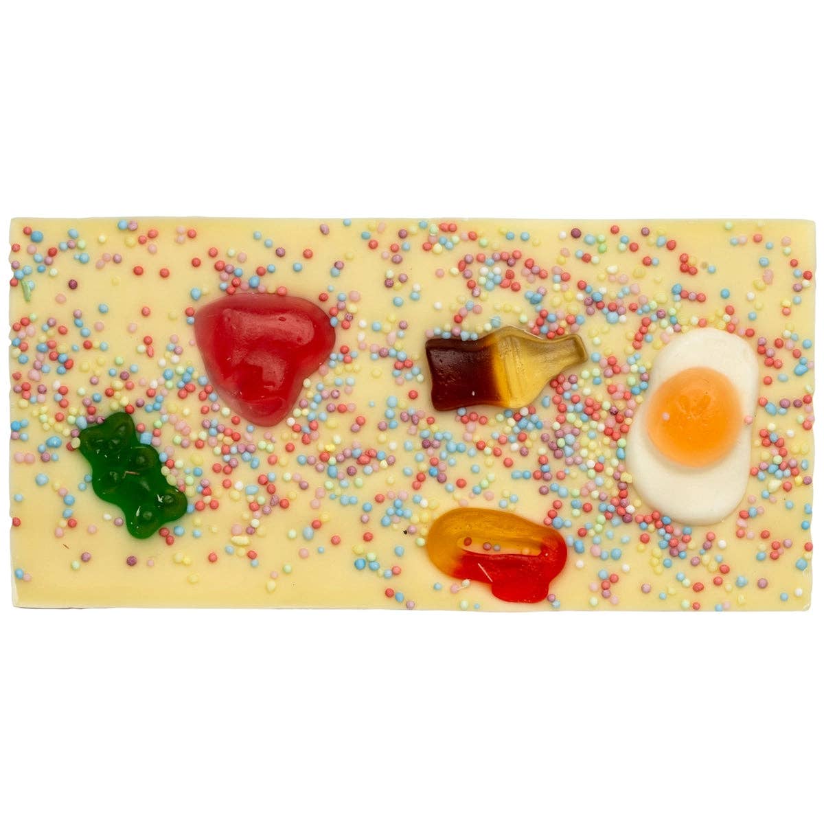 Rectangular block of white chocolate with colorful sprinkles and gummy bears on a white background