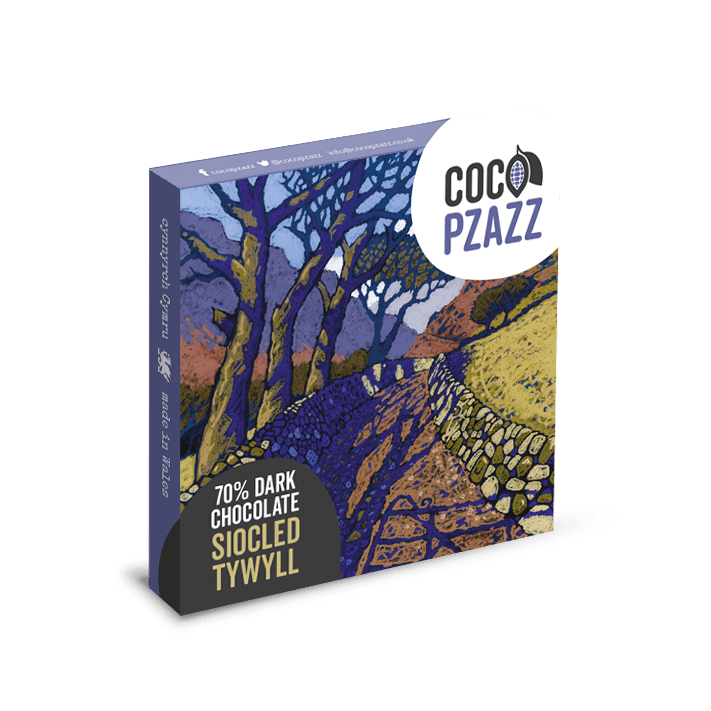 A boxed chocolate bar package shown at an angle on a black background. The front features a stylized landscape illustration in blue, purple, yellow, and brown tones, with a white circular logo reading 'Coco Pzazz' and a dark gray label at the lower left reading '70% Dark Chocolate Sicled Tywyll'.