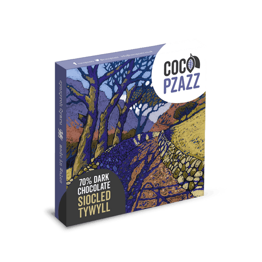 A boxed chocolate bar package shown at an angle on a black background. The front features a stylized landscape illustration in blue, purple, yellow, and brown tones, with a white circular logo reading 'Coco Pzazz' and a dark gray label at the lower left reading '70% Dark Chocolate Sicled Tywyll'.