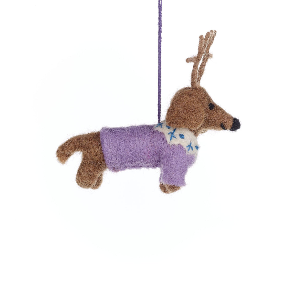 Felted reindeer ornament with a purple sweater on a white background