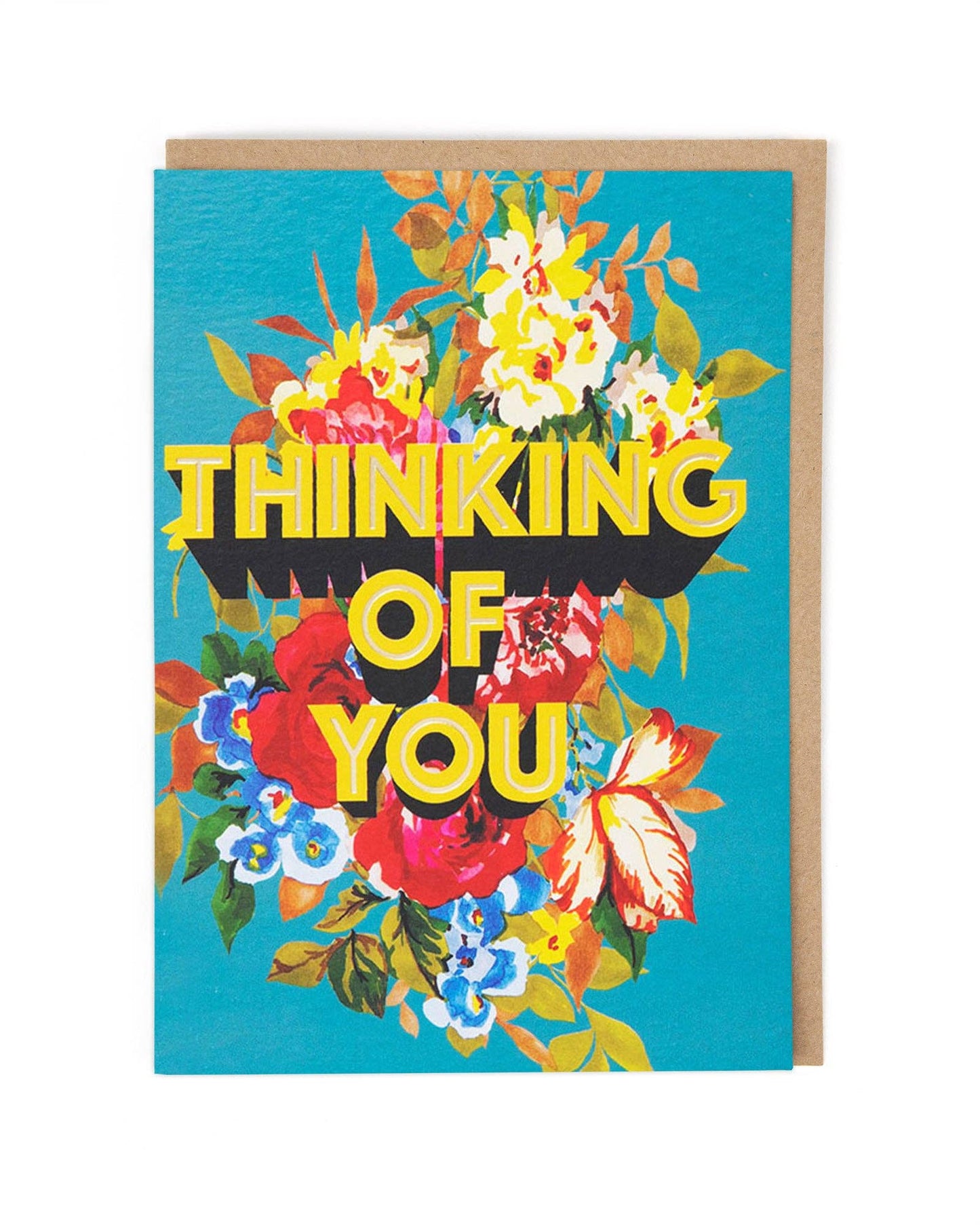 Greeting card with colorful floral design and 'Thinking of You' text on a blue background