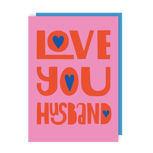 Card with 'Love You Husband' text on a pink background