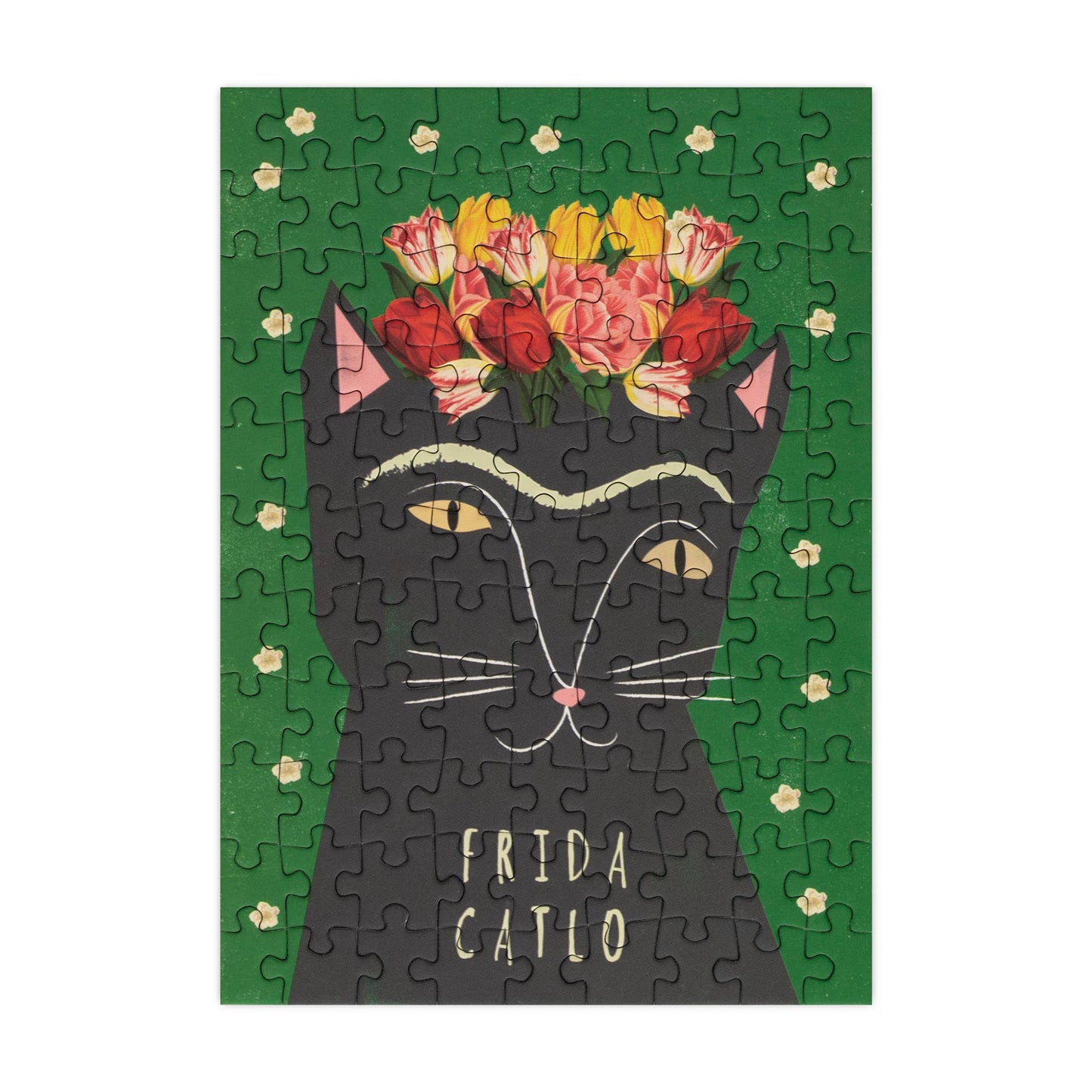 Jigsaw puzzle with a cat design and 'Frida Catlo' text on a green background