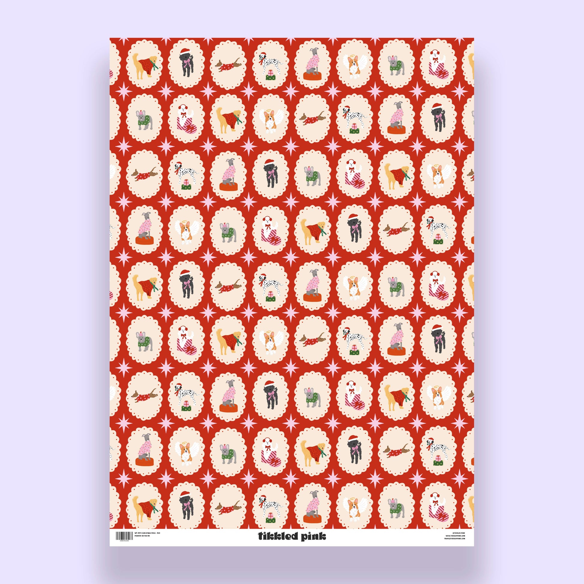 Patterned poster with illustrations of dogs and their owners on a red background, featuring the brand 'Flockled Pink'.