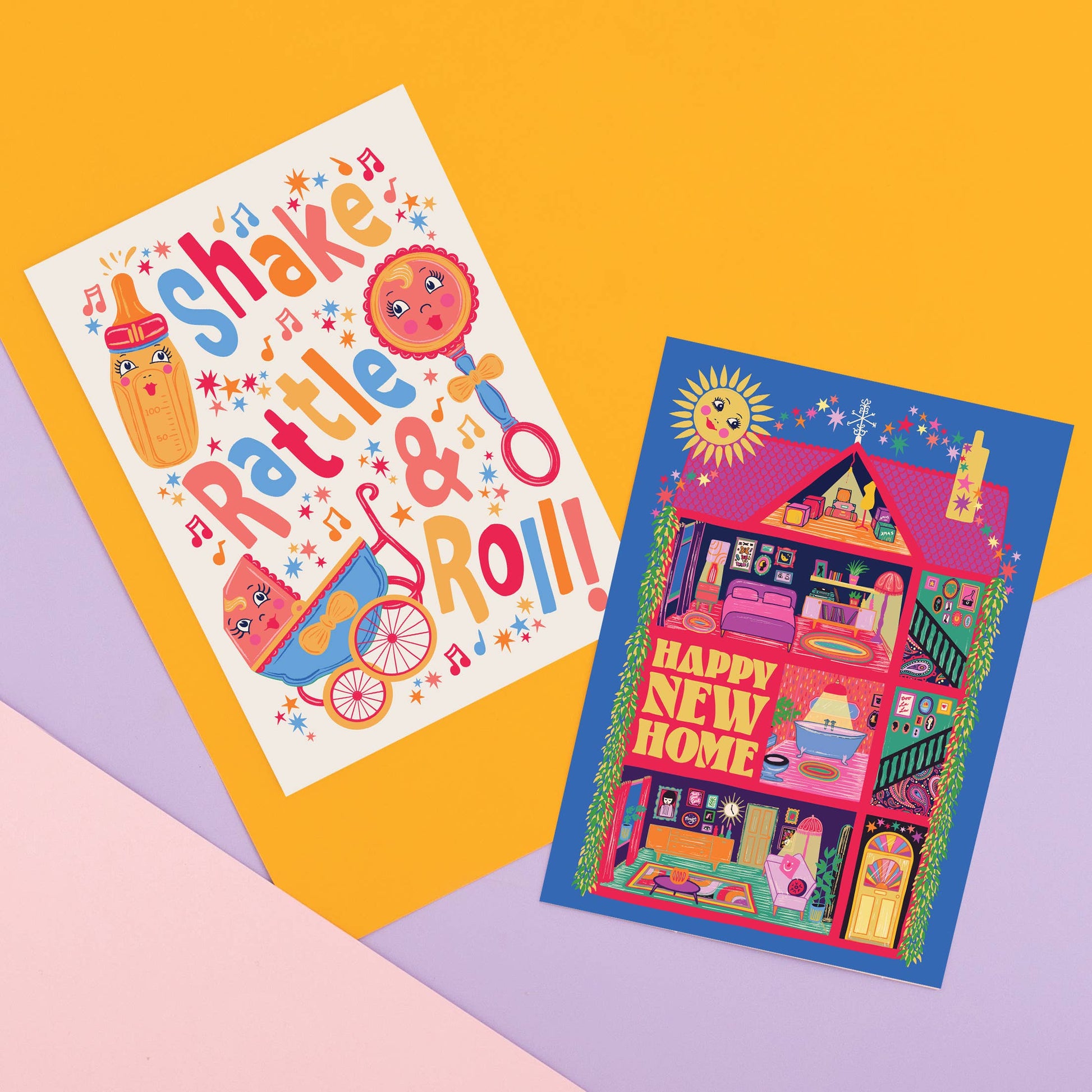 Vibrant new home card with a colourful dolls house. Card blank inside.