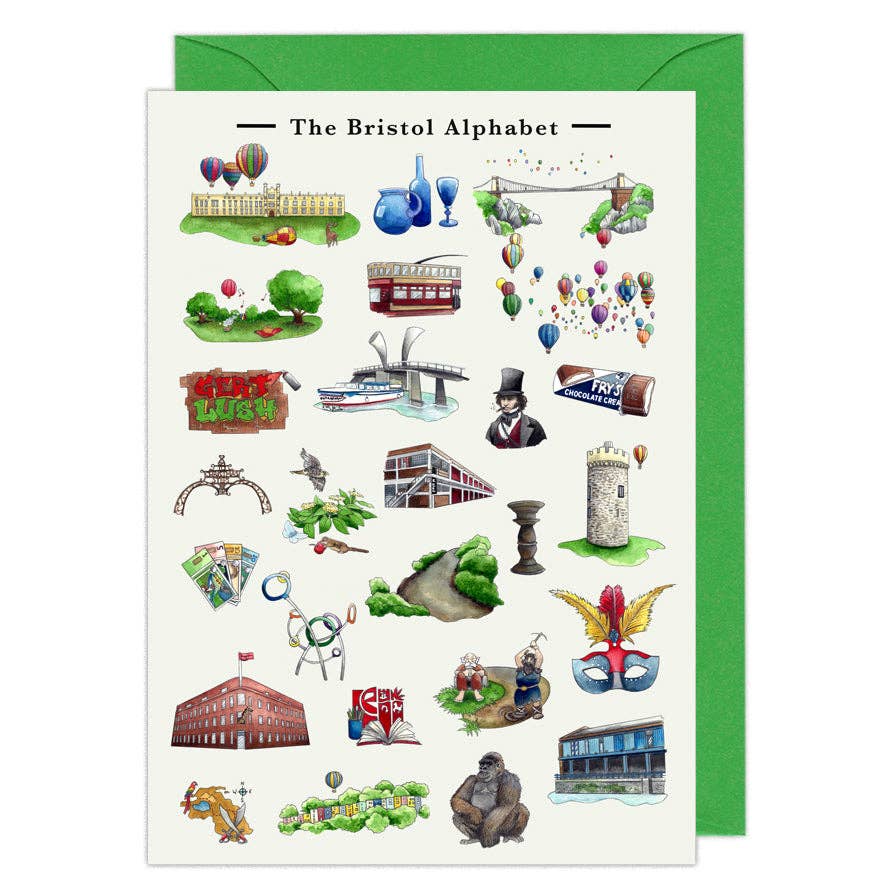 Greeting card with illustrations of landmarks and symbols from Bristol, featuring a green envelope.