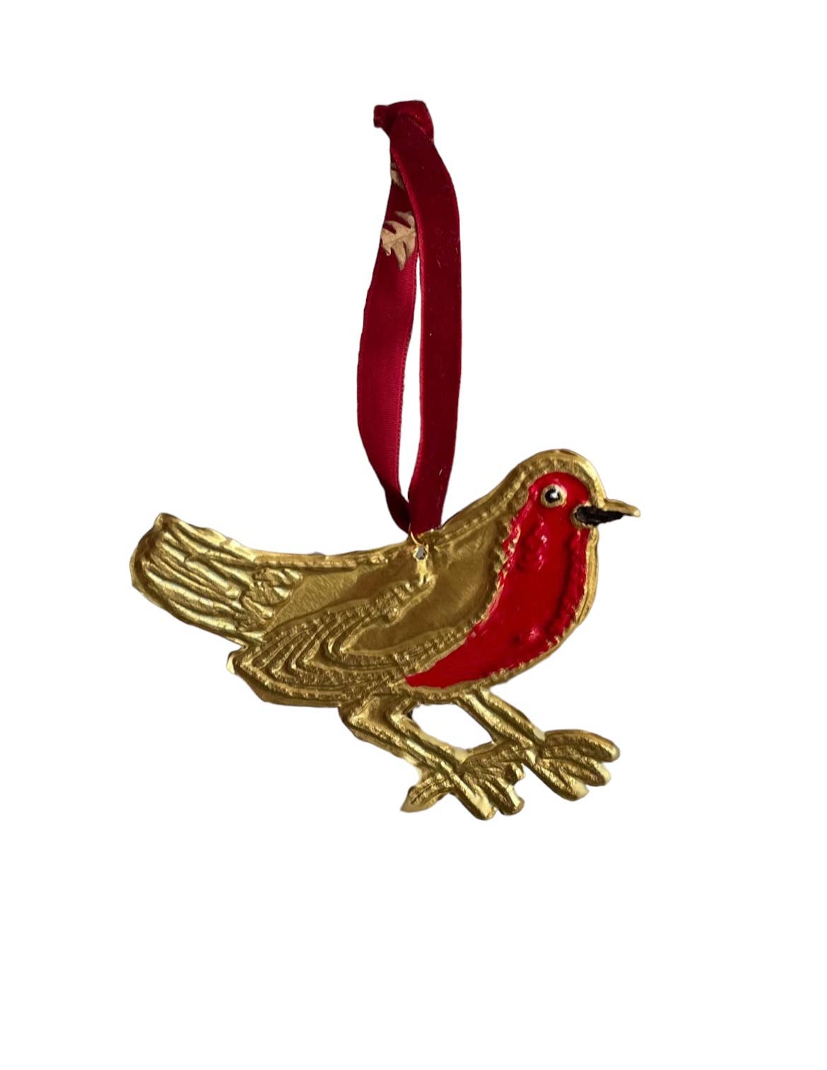 Christmas tree, tin embossed handmade robin with ribbon.