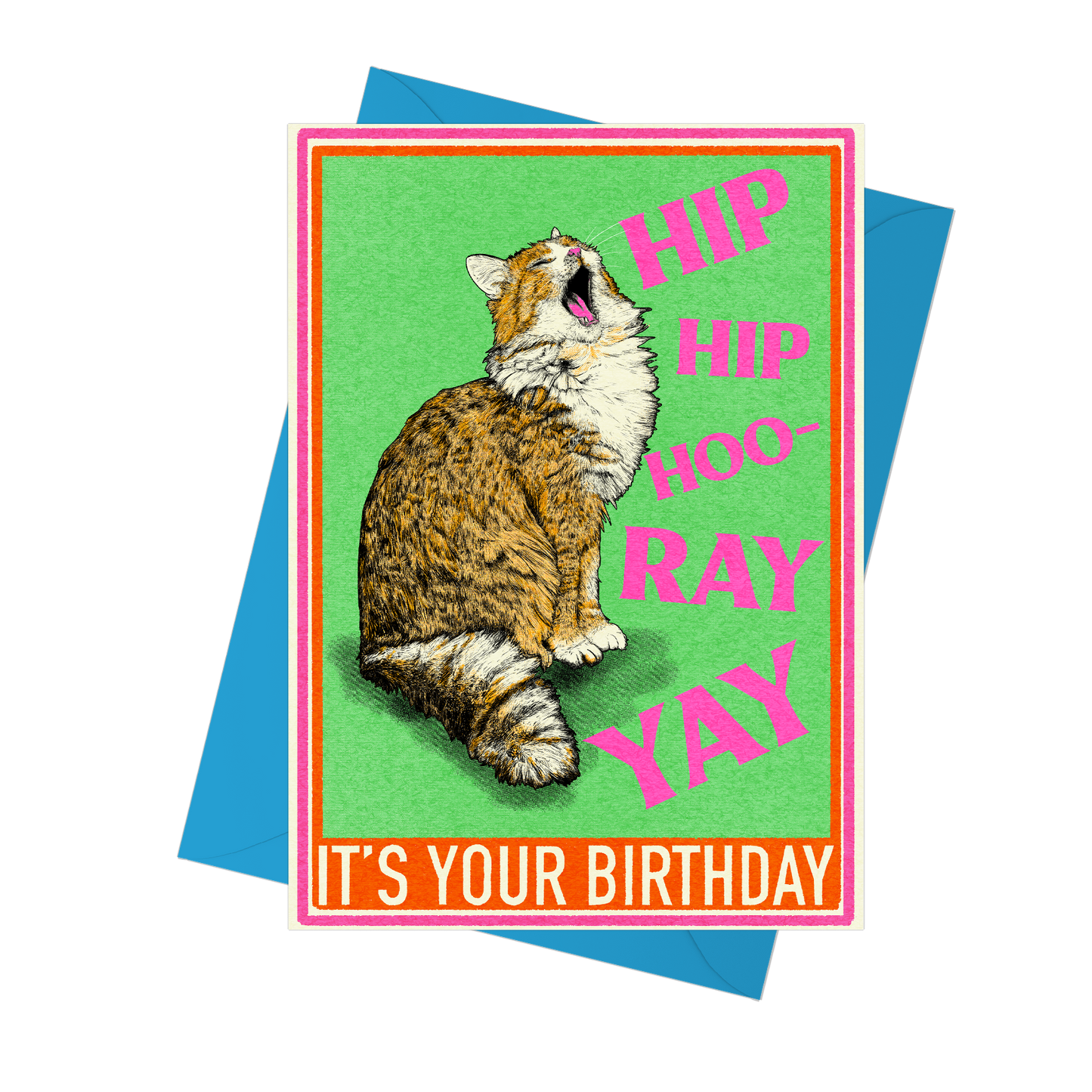 Illustration of a cat meowing with the words Hip hip hooray yay its your birthday.