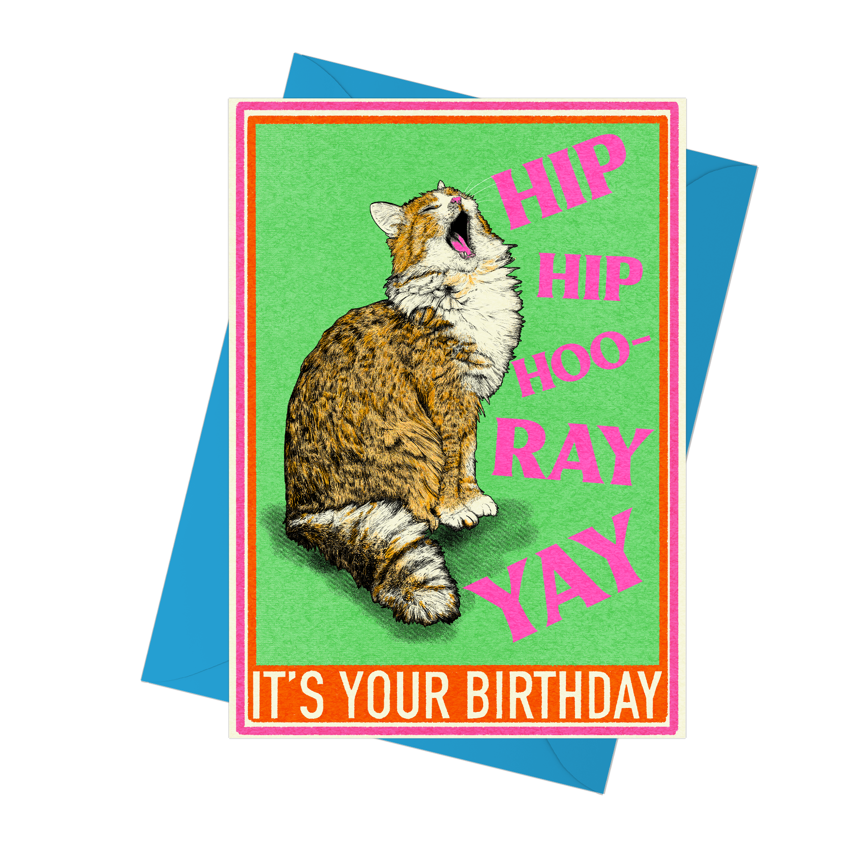 Illustration of a cat meowing with the words Hip hip hooray yay its your birthday.