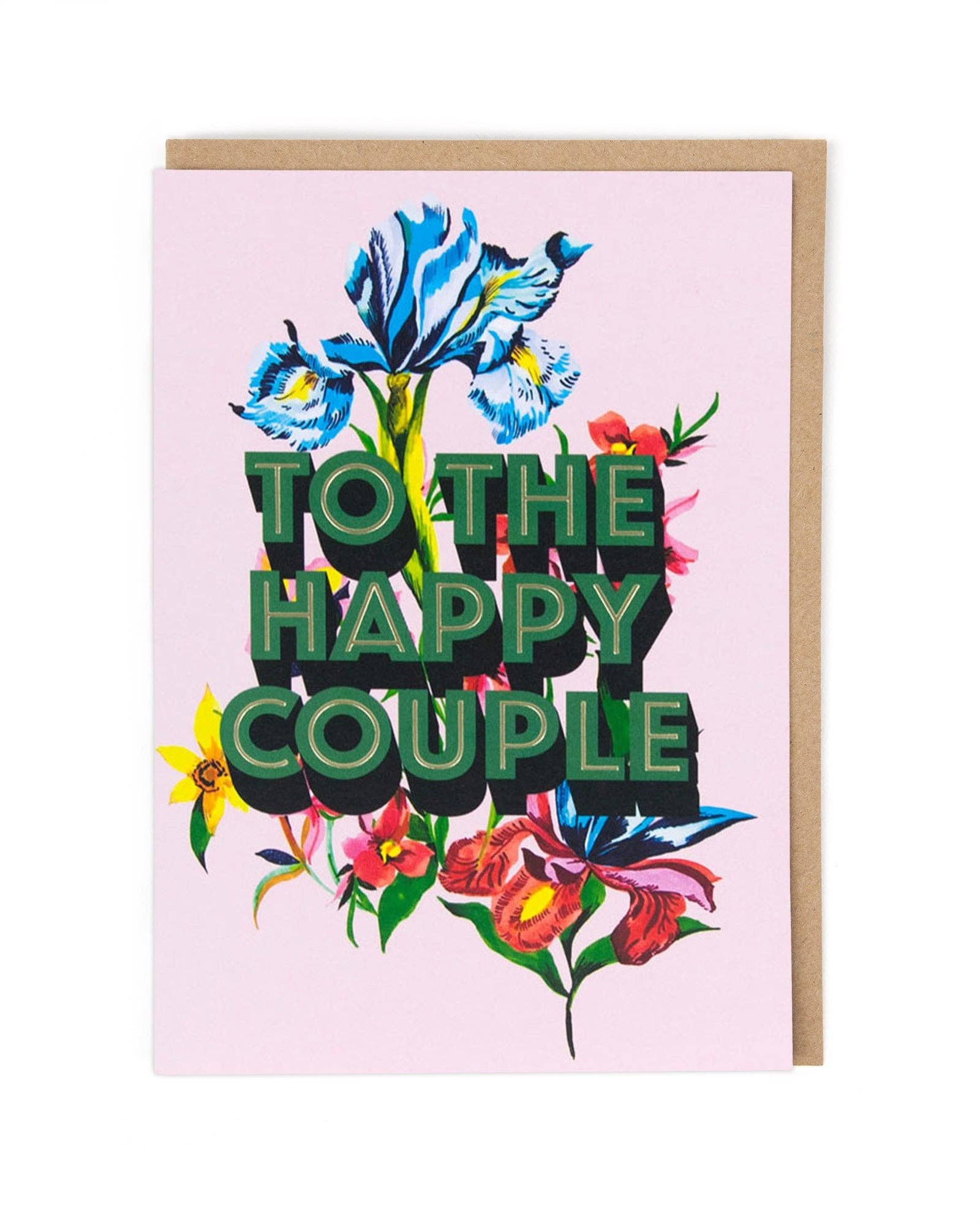 Greeting card with floral design and 'To the Happy Couple' text on a pink background