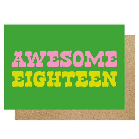 Card with 'AWESOME EIGHTEEN' text on a green background