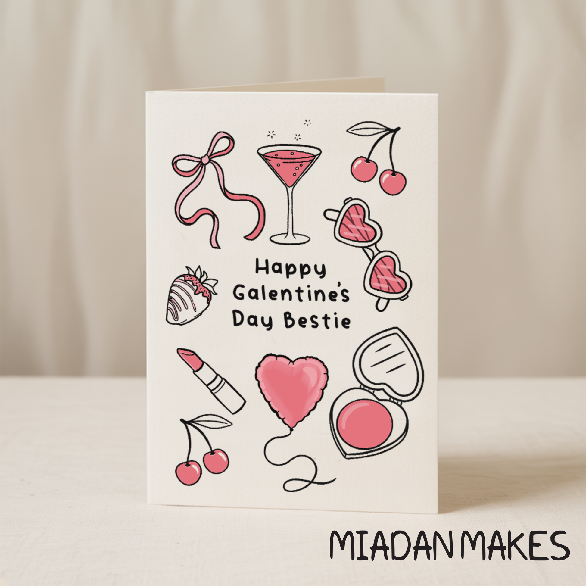 Valentine's Day card with illustrations and 'Happy Valentine's Day Bestie' text on a beige background.