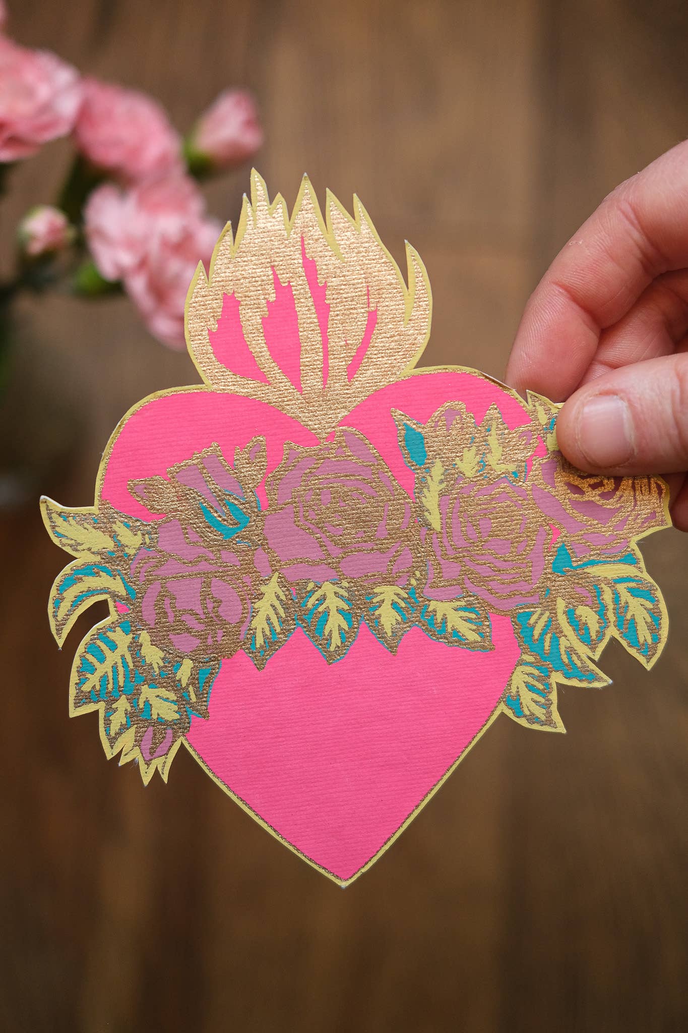 Screen printed flaming heart card