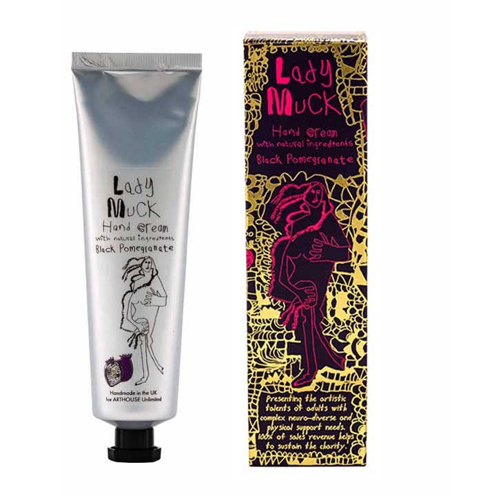 Hand cream tube and packaging with 'Lady Muck' branding on a white background