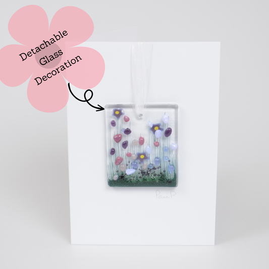 Detachable glass decoration with flowers on a white card