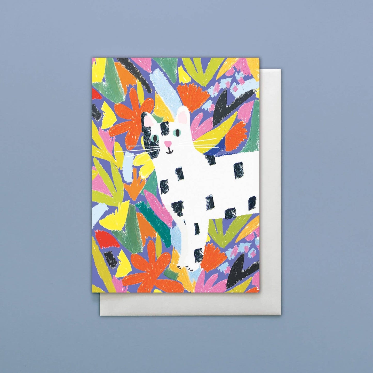 Greeting card with a stylized dog illustration on a colorful abstract background