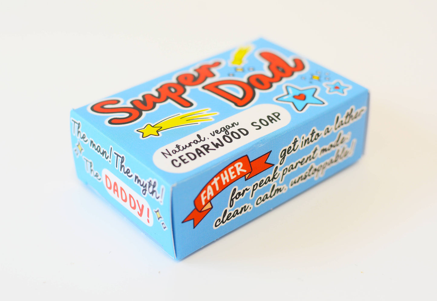 Box of 'Super Dad' natural soap on a white background