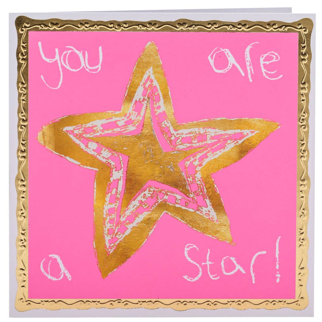 Card with gold star on pink background and text 'you are a star!'