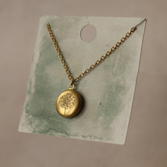 Tiny Brass Round Dandelion Locket Necklace