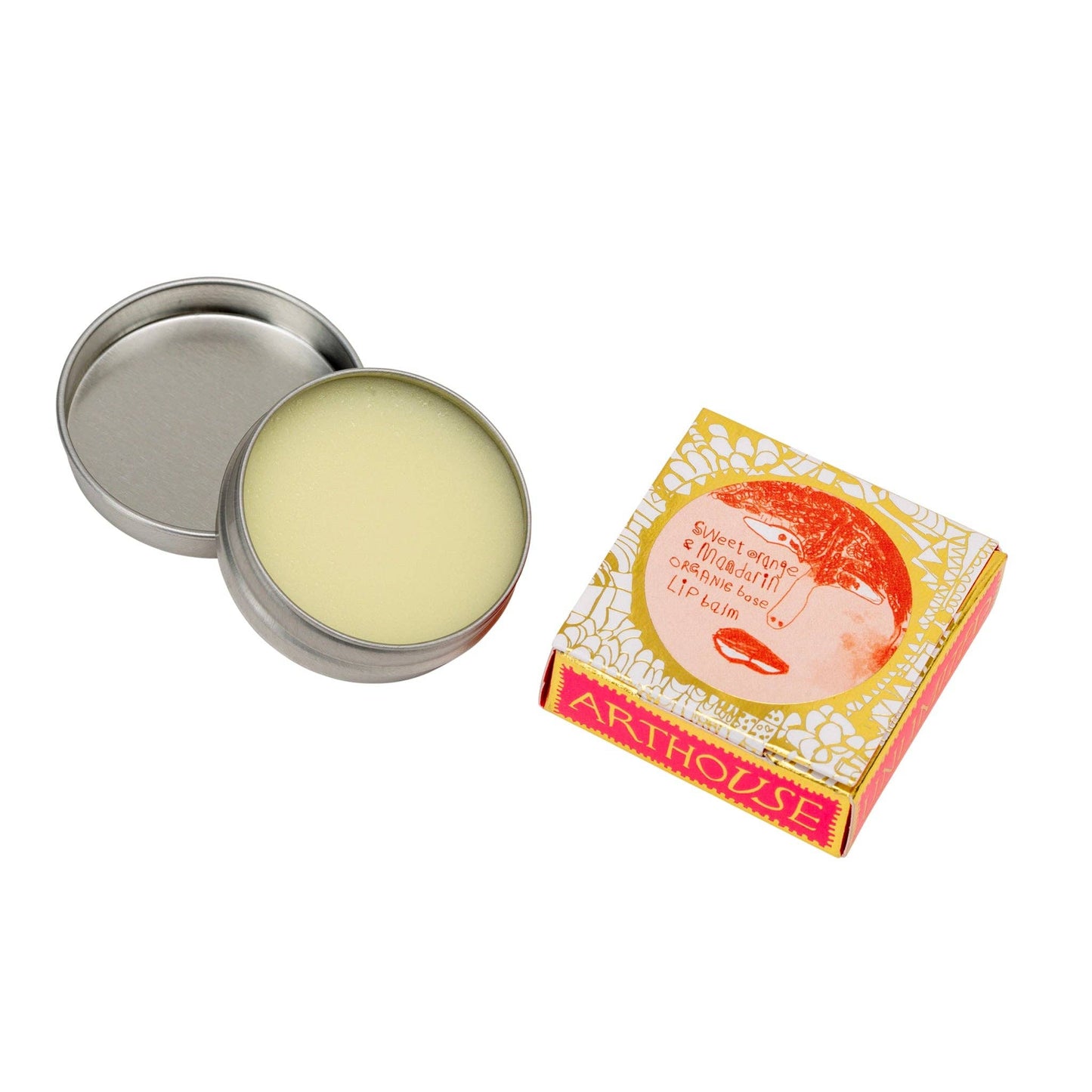 Lip balm in a metal tin with its packaging on a white background