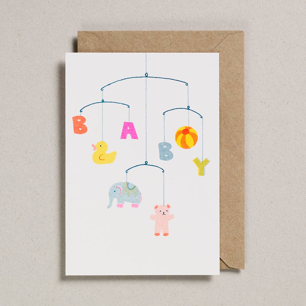 Riso Print Baby Card. Blank inside. Baby mobile.