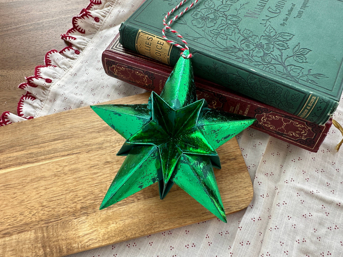 Origami Metallic Paper Star Decoration in red or green.