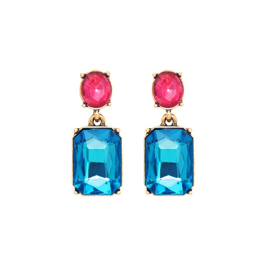 Earrings with pink gemstones and blue rectangular stones on a white background