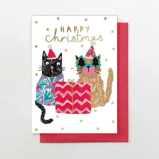 Christmas card with two cats and a gift, featuring 'Happy Christmas' text.
