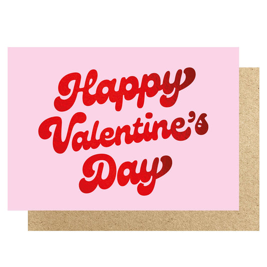 Valentine's Day card with 'Happy Valentine's Day' text on a pink background
