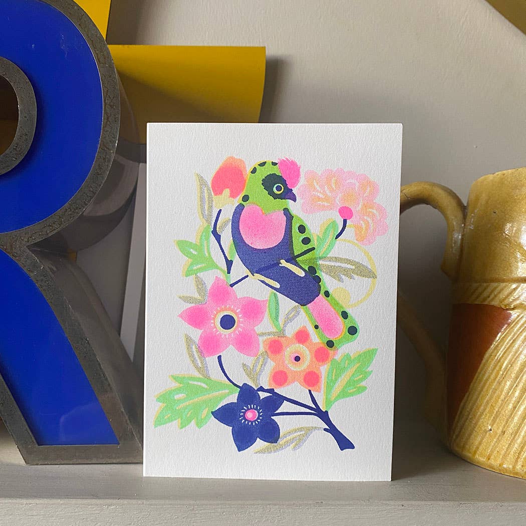 Fluorescent Cockatoo risograph print card