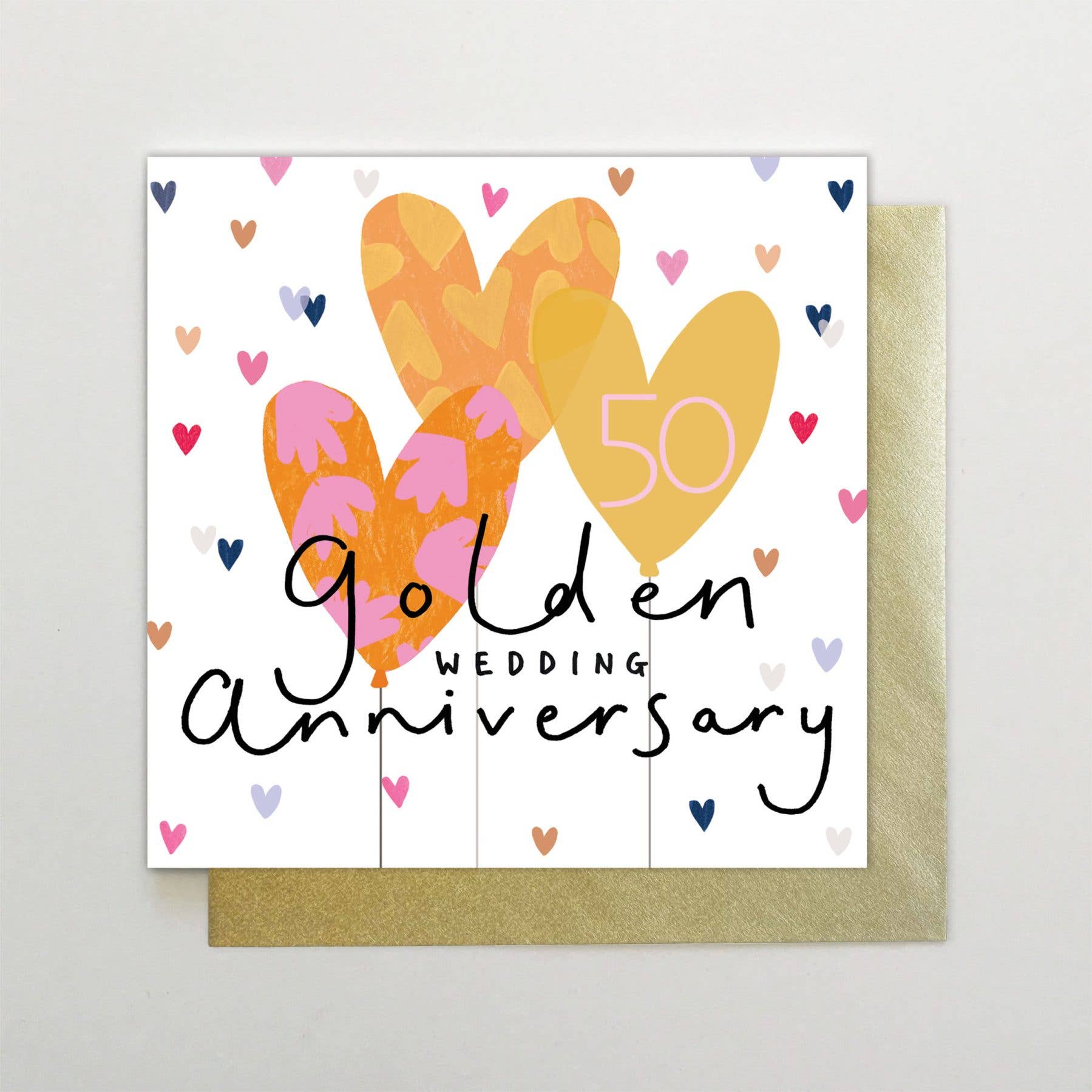 Card with colorful hearts and '50 Golden Wedding Anniversary' text on a white background