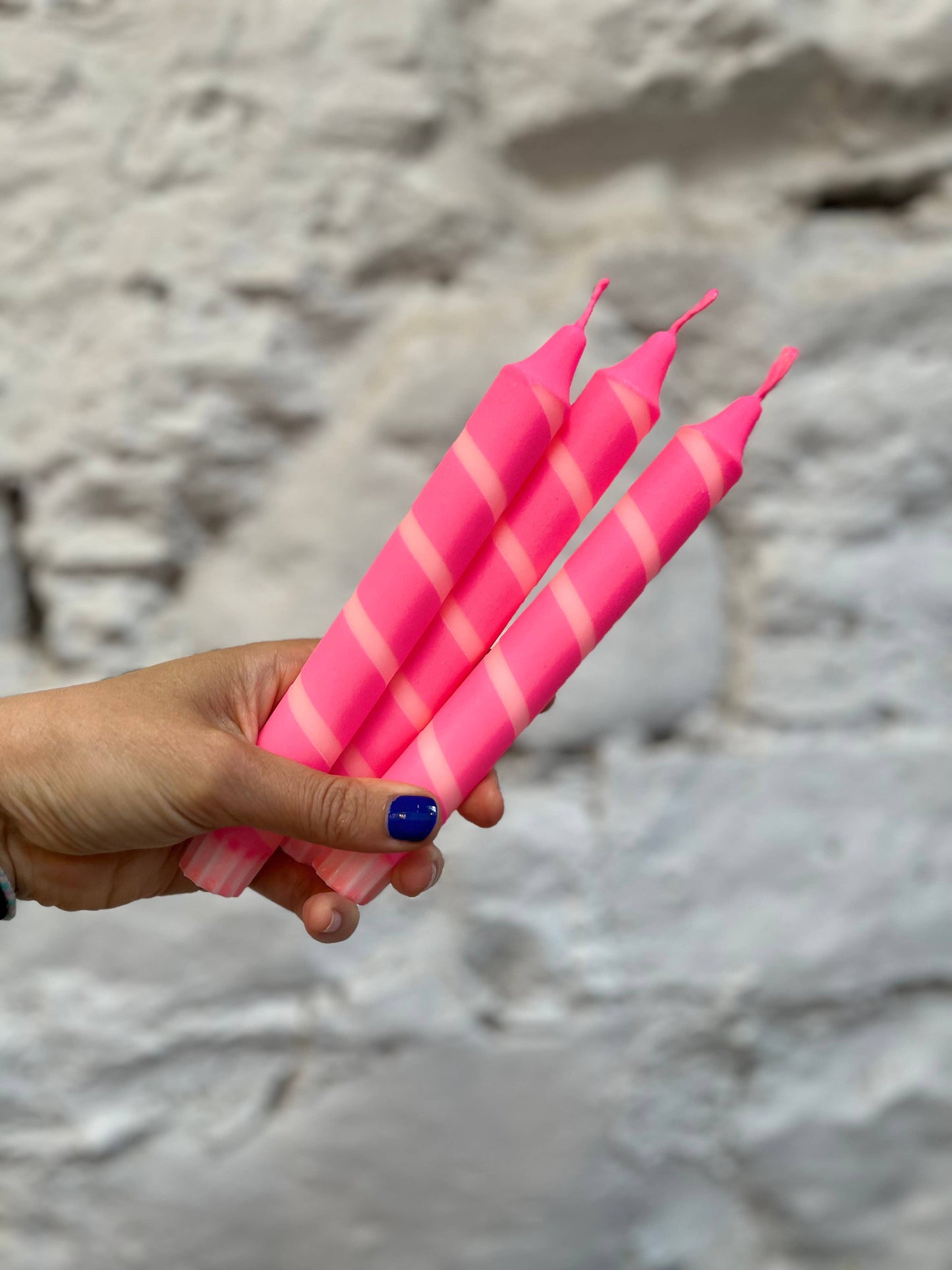 Peach & Neon Pink thin stripe Dinner Candle