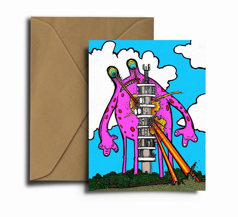 illustration of a giant pink alien zapping the Purdown tower