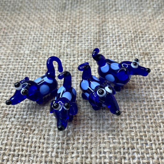 Bristol Blue with powder blue spots glass dogs, approx 1 cm x 3cm handmade in Bristol