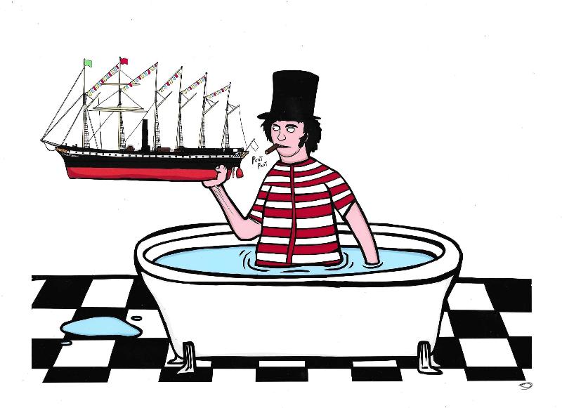 Illustration of Brunel in top hat and red and white stripe bathing suit in a vintage bath holding a model of the SS Great Britain